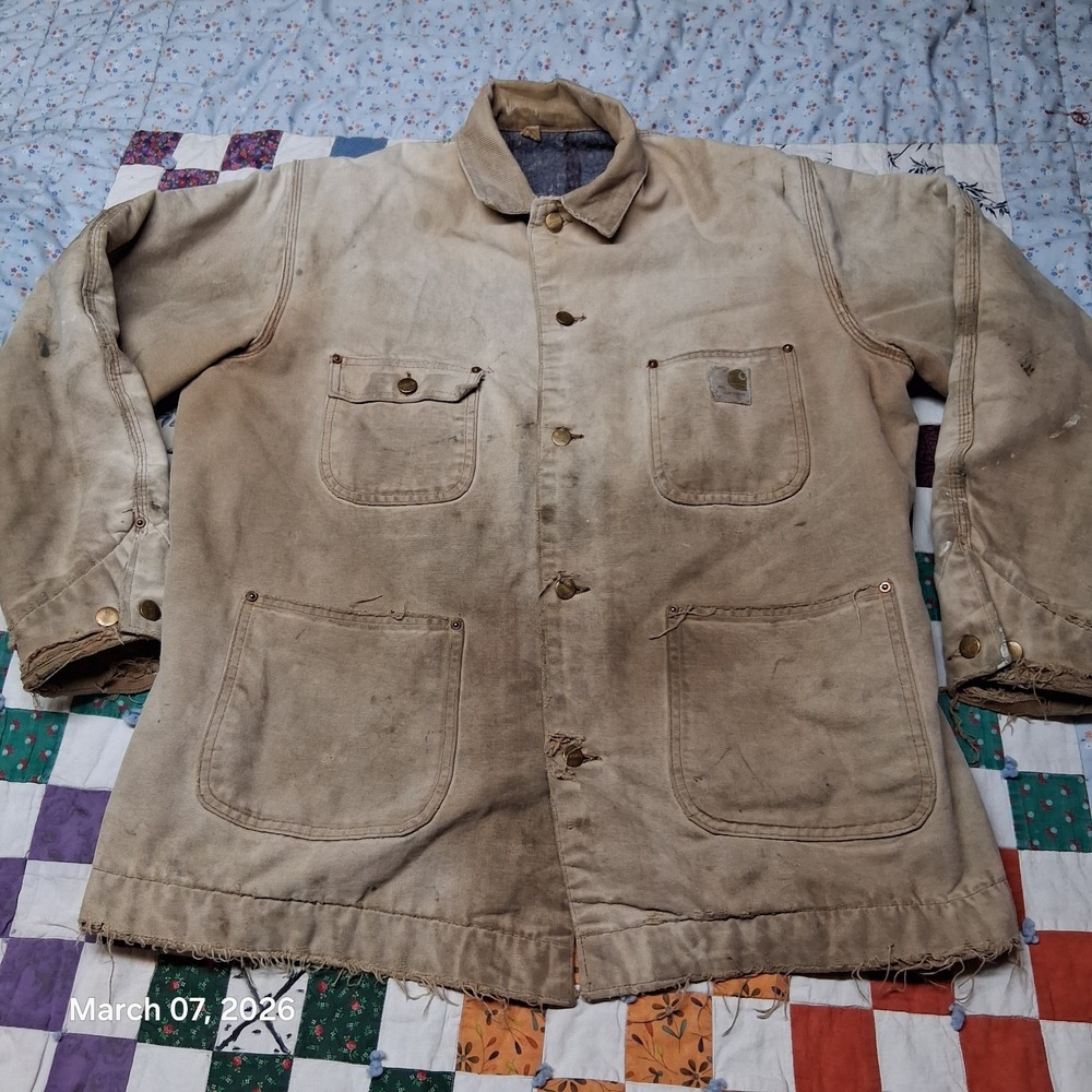 Vintage Carhartt 6BLCT Blanket Lined Chore Coat Button Up Size XL Thrashed